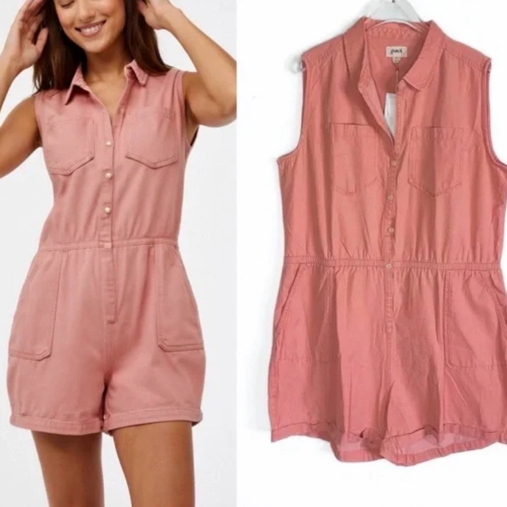 PACT Chambray Romper Size Small Pink Organic Cotton Elastic Waist Pockets Collar - Picture 9 of 14